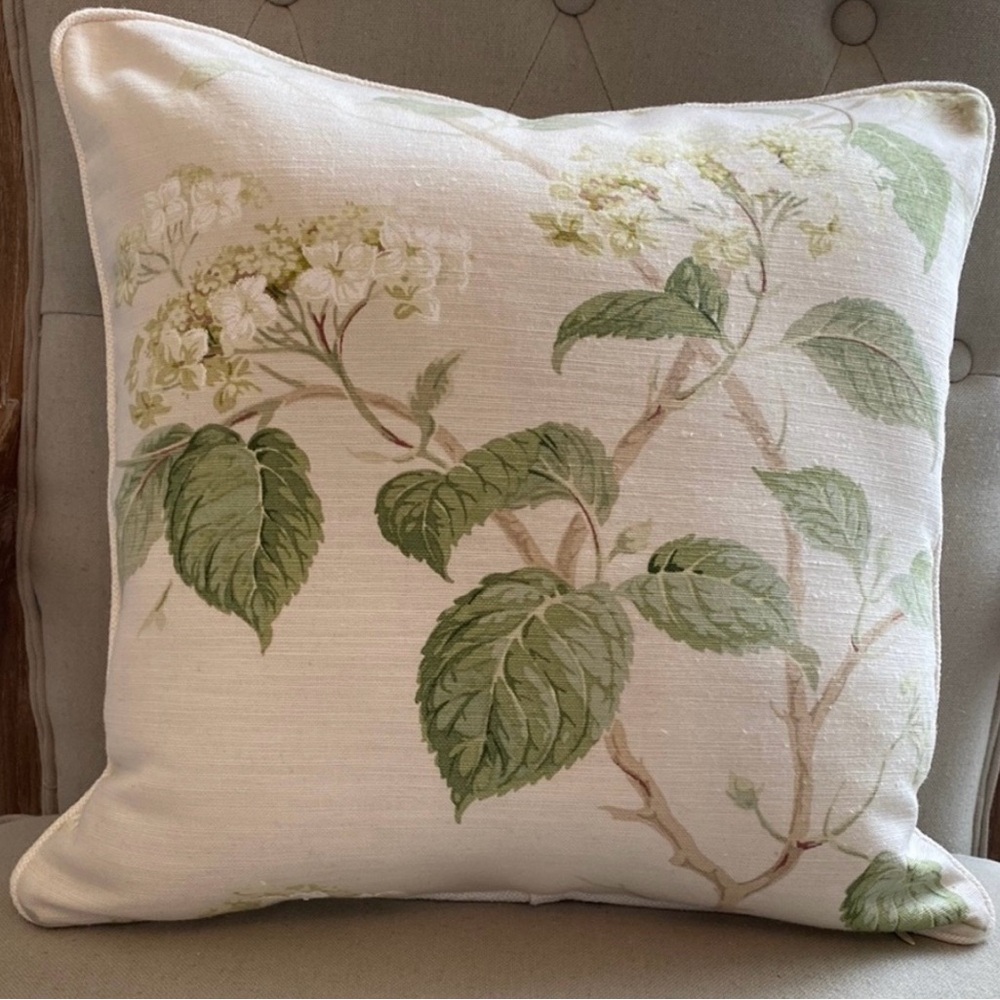 Colefax & Fowler - Cream and Green Floral Accent Pillow with Tailored Piping